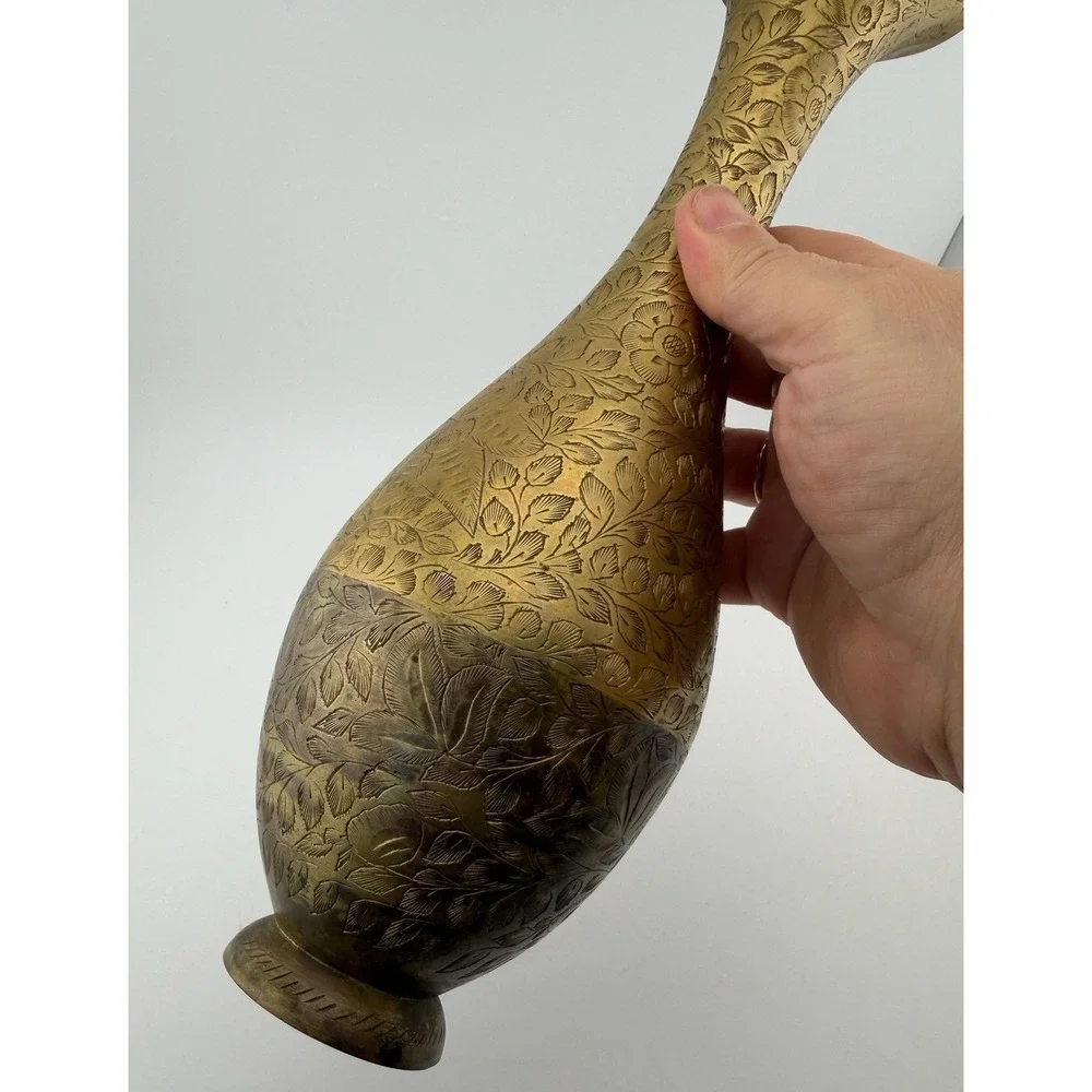Vintage Brass Vase‎ Floral Etched Tall Slim Neck Home Decor Accent